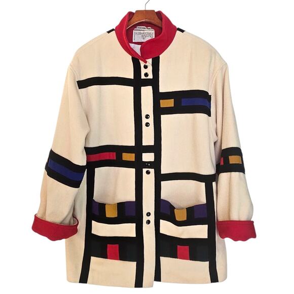 International Scene Vintage 80's-90's Colorblock Geometric Mondrian Print Coat - Picture 1 of 8